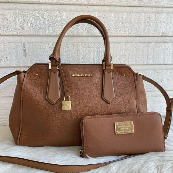MICHAEL KORS Tan Acorn Hayes Satchel + Wallet Raven Jet Set Bedford Selma Mercer - Picture 1 of 12